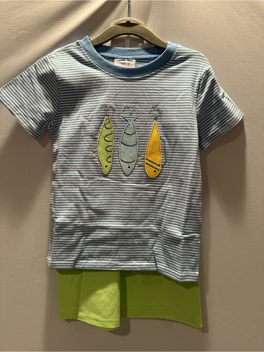 Kids Blue Stripe Fishing Appliqué Tee with Shorts